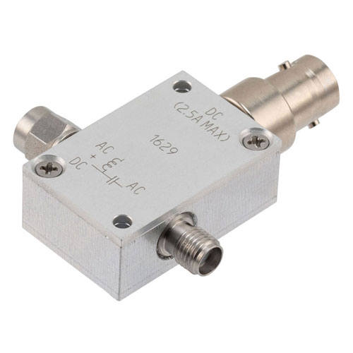 10 MHz to 12 GHz SMA Broadband Bias Tee, Male Input, Rated to 2.5 Amps and 100 Volts, DC BNC Connector FMBT1629
