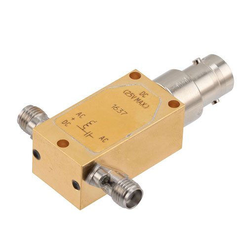 50 KHz to 26 GHz SMA Broadband Bias Tee, Rated to 750 mA and 25 Volts, DC BNC Connector FMBT1637
