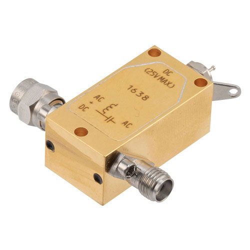 50 KHz to 26 GHz SMA Broadbanc  Bias Tee, Male Input, Rated to 750 MHz and 25 Volts, DC Pin FMBT1638