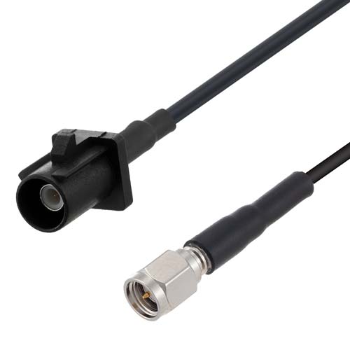 Low Loss FAKRA Code A / Black Plug to SMA Male Cable LMR-100 Coax in 100 cm with LF Solder FMCA10031-100CM