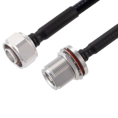 Low PIM 4.1/9.5 Mini DIN Male to 4.1/9.5 Mini DIN Female Bulkhead Cable 1/4 inch Superflexible Coax in 12 Inch FMCA2233-12