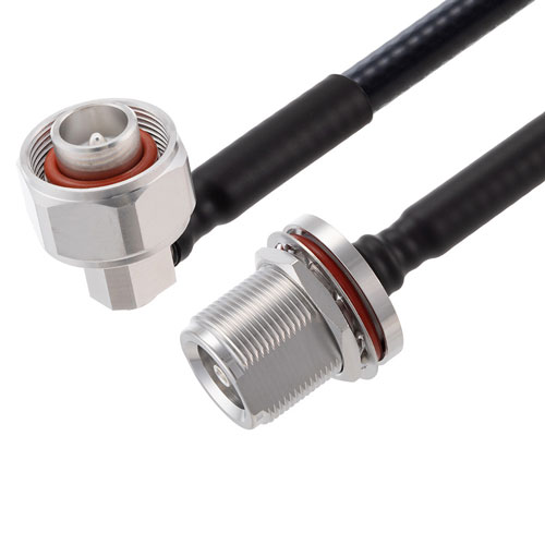 Low PIM RA 4.1/9.5 Mini DIN Male to 4.1/9.5 Mini DIN Female Bulkhead Cable 1/4 inch Superflexible Coax in 60 Inch FMCA2236-60