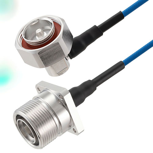 7/16 DIN Male Right Angle to 7/16 DIN Female 4 Hole Flange Low PIM Cable 100 CM Length Using TFT-402 Coax Using Times Microwave Components FMCA2315-100CM