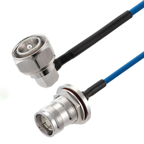 4.3-10 Male Right Angle to 4.3-10 Female Bulkhead Low PIM Cable 150 CM Length Using TFT-5G-402 Coax Using Times Microwave Components FMCA2340-150CM