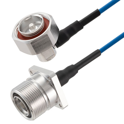 7/16 DIN Male Right Angle to 7/16 DIN Female 4 Hole Flange Low PIM Cable Using TFT-5G-402 Coax Using Times Microwave Components FMCA2347