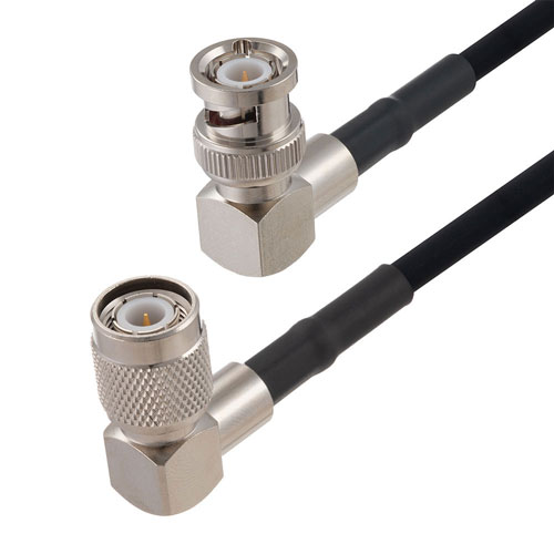 TNC Male Right Angle to BNC Male Right Angle Cable in 48 Inch Length Using RG223 Coax FMCA2698-48