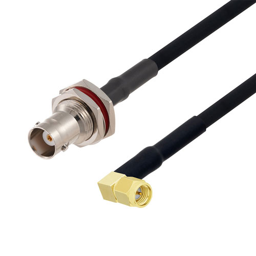 SMA Male Right Angle to BNC Female Bulkhead Cable in 200 CM Length Using RG223 Coax FMCA2714-200CM