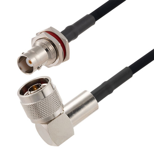 BNC Female Bulkhead to N Male Right Angle Cable in 60 Inch Length Using RG223 Coax FMCA2718-60