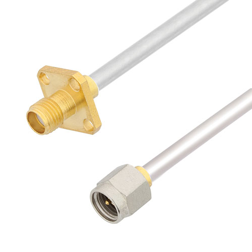 SMA Female 4 Hole Flange to SMA Male Cable Tinned Aluminum RG402 Type .141 Coax in 12 Inch FMCA2863-12