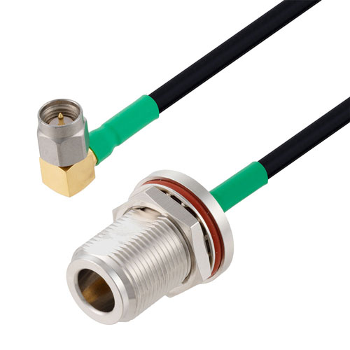 RA SMA Male to N Female Bulkhead Cable FM-SR141TBJ Coax in 18 Inch with LF Solder, 90 Degree Clocking FMCA3257/0201-18