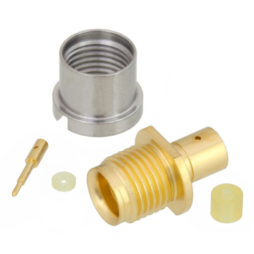 SMP Male (Plug) Bulkhead Full Detent Connector For .086 SR, RG405, RG405 Tinned, Solder, Gold Plated Berllium Copper Body, Length 0.38 In FMCN1244