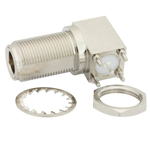 Right Angle N Female (Jack) Bulkhead PCB Connector Thru Hole, .596 inch D Hole, Solder FMCN1380
