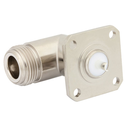 Right Angle N Female (Jack) Connector Solder Cup Terminal 4 Hole Flange (Panel Mount), .718 inch Hole Spacing, Solder FMCN1385