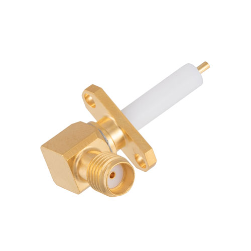 RA SMA Female Connector Pin Terminal Solder Attachment 2 Hole Flange , .481 inch Hole Spacing -45 Degree Flange Direction FMCN4386