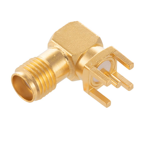 RF PCB Connector, RT SMA Female Right Angle Connector Solder Attachment Thru Hole PCB, .200 inch x .067 inch Hole Spacing FMCN44199