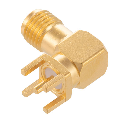 RF PCB Connector, RT SMA Female Right Angle Connector Solder Attachment Thru Hole PCB, .200 inch x .067 inch Hole Spacing FMCN44199