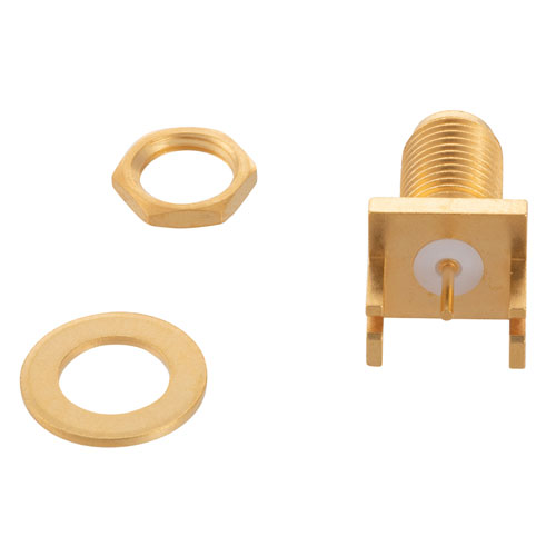 RF PCB Connector, SMA Female Bulkhead Mount Connector Solder Attachment .042 inch End Launch PCB, .250 inch Diameter, .030 inch Diameter FMCN44206
