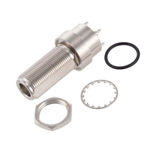 RF PCB Connector, N Female Bulkhead Mount Connector Solder Attachment Thru Hole PCB, .640 inch DD Hole FMCN44220