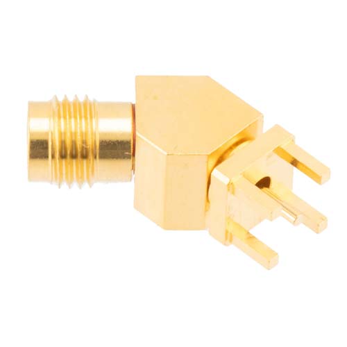 2.4mm Female (Jack) PCB Mount Connector, 45 Degree angle with round contact 0.04 inches diameter, 50GHz VSWR1.35 FMCN45998