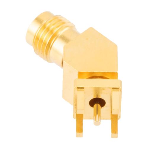 2.4mm Female (Jack) PCB Mount Connector, 45 Degree angle with round contact 0.04 inches diameter, 50GHz VSWR1.35 FMCN45998