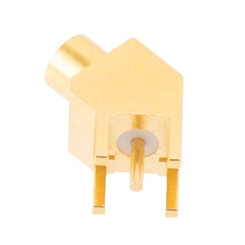 MCX Female (Jack) PCB Mount Connector, 45 Degree angle with round contact 0.0375 inches diameter, 6GHz VSWR1.2 FMCN46000
