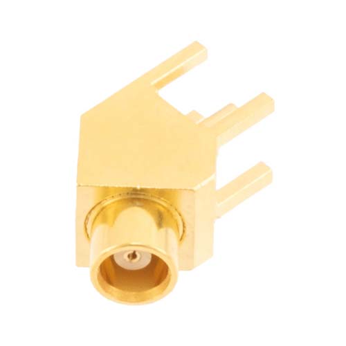 MCX Female (Jack) PCB Mount Connector, 45 Degree angle with round contact 0.0375 inches diameter, 6GHz VSWR1.2 FMCN46000