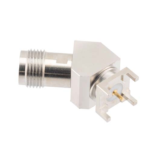 TNC Female (Jack) PCB Mount Connector, 45 Degree angle with round contact 0.0394 inches diameter, 18GHz VSWR1.2 FMCN46002