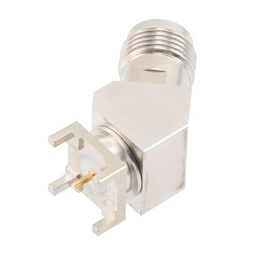 TNC Female (Jack) PCB Mount Connector, 45 Degree angle with round contact 0.0394 inches diameter, 18GHz VSWR1.2 FMCN46002