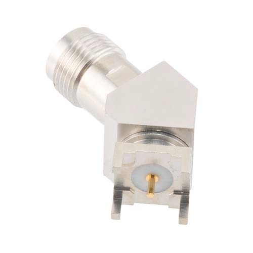 TNC Female (Jack) PCB Mount Connector, 45 Degree angle with round contact 0.0394 inches diameter, 18GHz VSWR1.2 FMCN46002