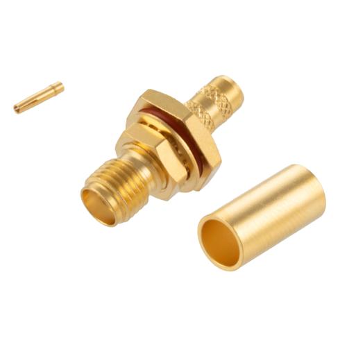 SMA Female (Jack) Bulkhead Connector Crimp Attachment For RG58CU, LMR-195, .268 inch D Hole, IP67 Mated FMCN5354
