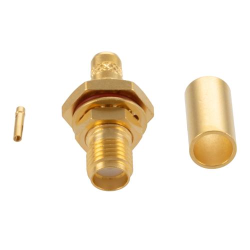 SMA Female (Jack) Bulkhead Connector Crimp Attachment For RG58CU, LMR-195, .268 inch D Hole, IP67 Mated FMCN5354