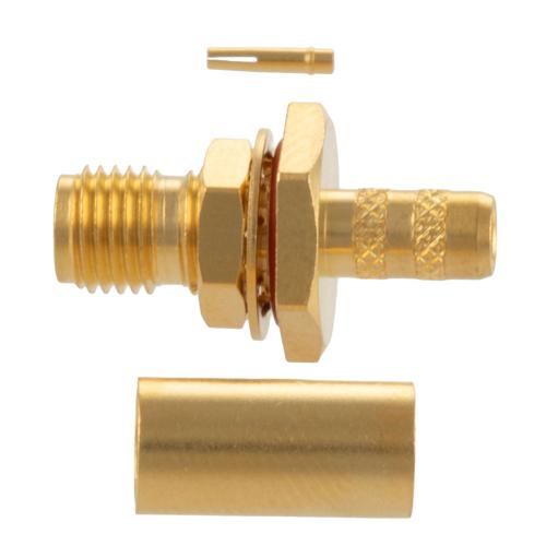 SMA Female (Jack) Bulkhead Connector Crimp Attachment For RG58CU, LMR-195, .268 inch D Hole, IP67 Mated FMCN5354
