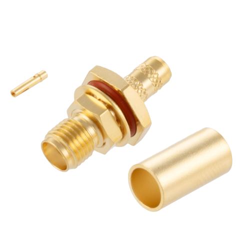 SMA Female (Jack) Bulkhead Connector Crimp Attachment For RG223, RG55, RG142, and RG400, .268 inch D Hole, IP67 Mated FMCN5355