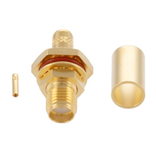 SMA Female (Jack) Bulkhead Connector Crimp Attachment For RG223, RG55, RG142, and RG400, .268 inch D Hole, IP67 Mated FMCN5355