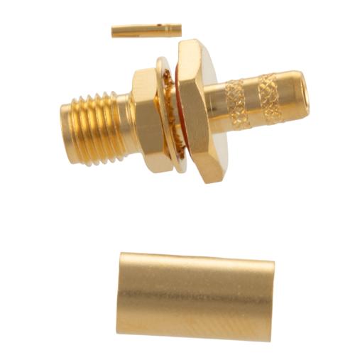 SMA Female (Jack) Bulkhead Connector Crimp Attachment For RG223, RG55, RG142, and RG400, .268 inch D Hole, IP67 Mated FMCN5355