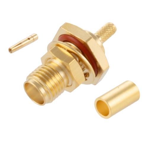 SMA Female (Jack) Bulkhead Connector Crimp Attachment For RG174, RG188, RG316, .268 inch D Hole, IP67 Mated FMCN5356