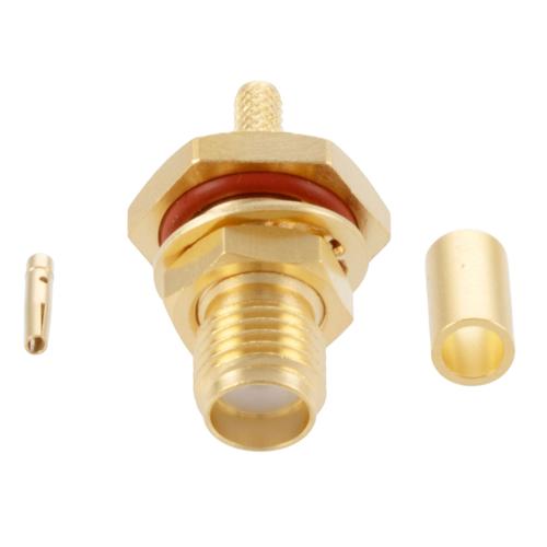 SMA Female (Jack) Bulkhead Connector Crimp Attachment For RG174, RG188, RG316, .268 inch D Hole, IP67 Mated FMCN5356