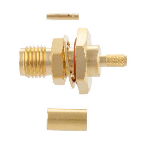 SMA Female (Jack) Bulkhead Connector Crimp Attachment For RG174, RG188, RG316, .268 inch D Hole, IP67 Mated FMCN5356