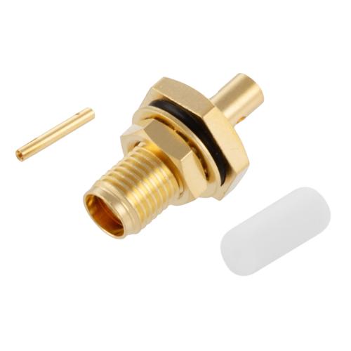 SMA Female (Jack) Bulkhead Connector Solder Attachment For FM-SR086TB, FM-SR086ALTN-COIL, and FM-F086, .236 inch D Hole, IP67 Mated FMCN5358