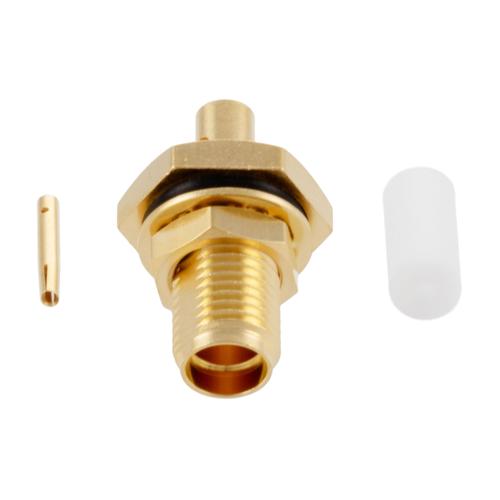 SMA Female (Jack) Bulkhead Connector Solder Attachment For FM-SR086TB, FM-SR086ALTN-COIL, and FM-F086, .236 inch D Hole, IP67 Mated FMCN5358