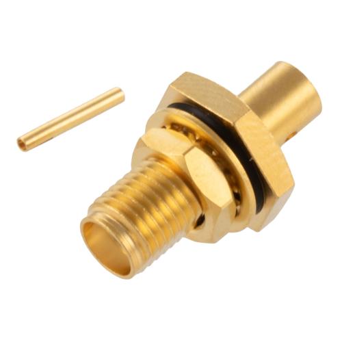 SMA Female (Jack) Bulkhead Connector Solder Attachment For FM-SR141TB, FM-SR141ALTN-COIL, and FM-SR141CU-COIL, .236 inch D Hole, IP67 Mated FMCN5359