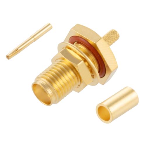 SMA Female (Jack) Bulkhead Connector Crimp Attachment For LMR-100A-UF, RG174, RG188, .268 inch D Hole, IP67 Mated FMCN5363