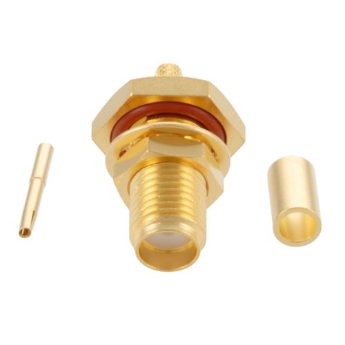 SMA Female (Jack) Bulkhead Connector Crimp Attachment For LMR-100A-UF, RG174, RG188, .268 inch D Hole, IP67 Mated FMCN5363
