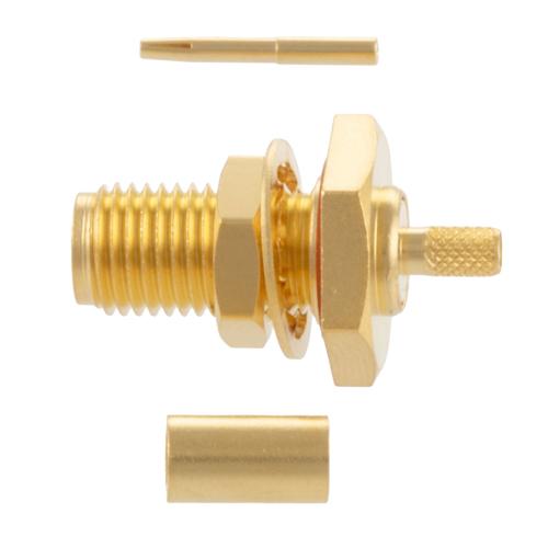 SMA Female (Jack) Bulkhead Connector Crimp Attachment For LMR-100A-UF, RG174, RG188, .268 inch D Hole, IP67 Mated FMCN5363