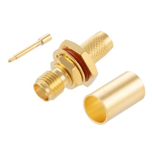 RP SMA Female (Jack) Bulkhead Connector Crimp Attachment For LMR-240-75, LMR-240-75-DB, LMR-240-75-FR, .268 inch D Hole, IP67 Mated FMCN5366