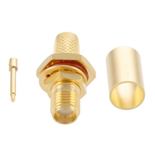 RP SMA Female (Jack) Bulkhead Connector Crimp Attachment For LMR-240-75, LMR-240-75-DB, LMR-240-75-FR, .268 inch D Hole, IP67 Mated FMCN5366