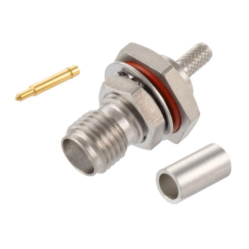 RP SMA Female (Jack) Bulkhead Connector Crimp Attachment For RG174, RG188, RG316, .236 inch D Hole, IP67 Mated FMCN5367