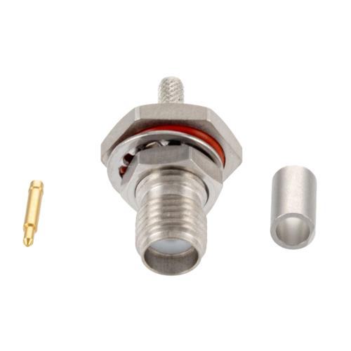 RP SMA Female (Jack) Bulkhead Connector Crimp Attachment For RG174, RG188, RG316, .236 inch D Hole, IP67 Mated FMCN5367
