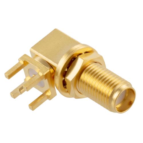 SMA Female (Jack) Right Angle Bulkhead Mount Connector Solder Attachment Thru Hole PCB, .256 inch Diameter, IP68 mated FMCN5368