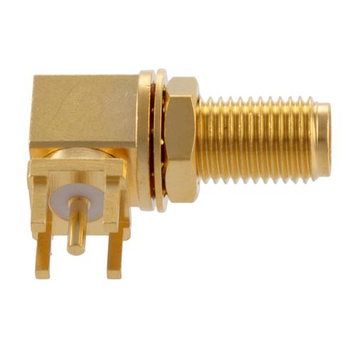SMA Female (Jack) Right Angle Bulkhead Mount Connector Solder Attachment Thru Hole PCB, .256 inch Diameter, IP68 mated FMCN5368